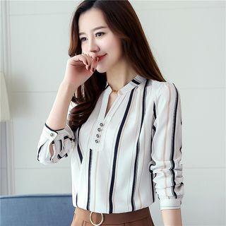 Long-sleeved Split-neck Blouse