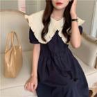 Short-sleeve Ruffle Collar A-line Dress Navy Blue - One Size