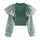 Long-sleeve Puffy Knit Crop Top 9902 - Green - One Size