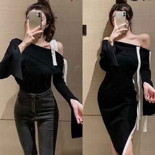 Long-sleeve Off-shoulder Contrast Trim Dress
