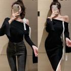 Long-sleeve Off-shoulder Contrast Trim Dress