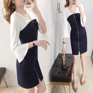 Bell-sleeve Zip-up Sheath Dress
