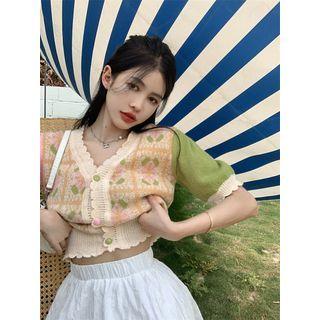 Short-sleeve Two-tone Knit Top Green & Pink - One Size