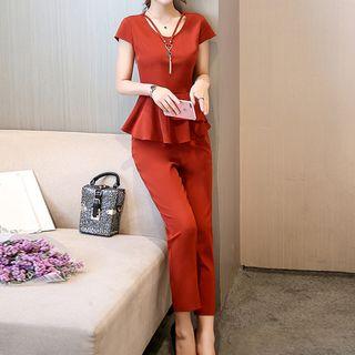 Set: Short-sleeve Ruffle Hem Top + Cropped Pants