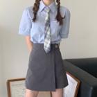 Short-sleeve Plain Shirt / Mini Pencil Skirt / Plaid Tie