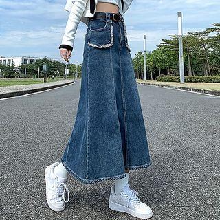 Fringed Trim Denim Midi A-line Skirt
