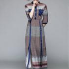 Print Elbow-sleeve A-line Slit Midi Dress