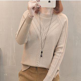 Long-sleeve Mock Neck Slit-side Knit Top