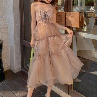 Strapless Lace Up Midi A-line Dress