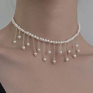 Faux Pearl Fringed Choker White & Gold - One Size