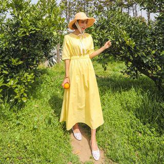 Smocked-waist Linen Long Dress