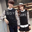 Couple Matching Floral Print Panel Letter Pullover