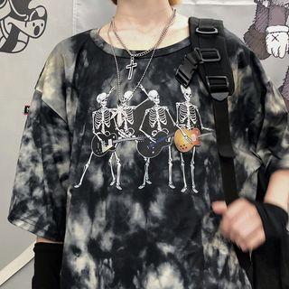 Tie-dye Printed Elbow-sleeve T-shirt As Shown In Figure - One Size