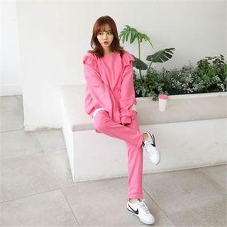 Set: Frill-trim Loose-fit Sweatshirt + Tapered Sweatpants