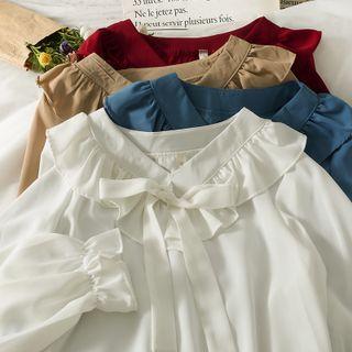 Ribbon-neckline Ruffle-trim V-neck Loose Blouse In 5 Colors