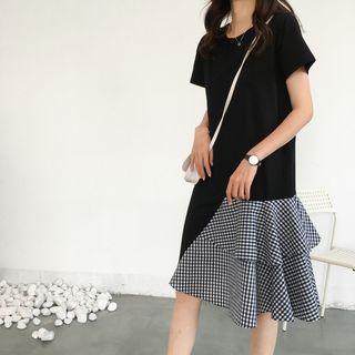 Short-sleeve Gingham Paneled A-line Dress