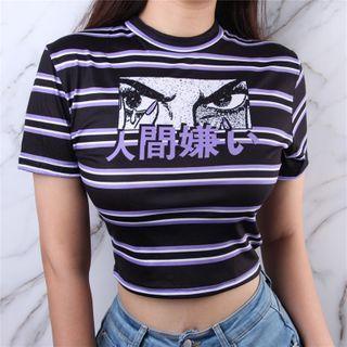 Cartoon Print Striped Short-sleeve Cropped T-shirt