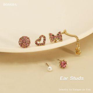 Rhinestone Stud Earring Set Set Of 5 - Gold & Pink - One Size
