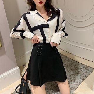 Long-sleeve Pattern Shirt / High-waist Lace Up Skirt