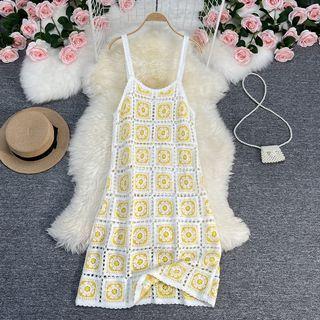 Spaghetti Strap Flower Knit Midi A-line Dress