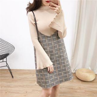 Set: Mock-neck Knit Top + Sleevless Dress