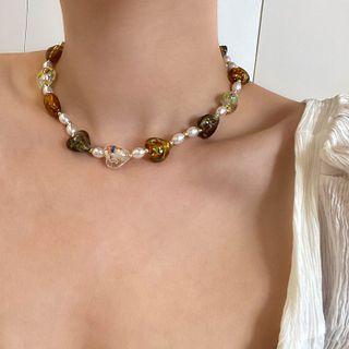 Heart Faux Crystal Faux Pearl Choker