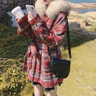 Long-sleeve Fluffy Collar Plaid Tie-waist Coat