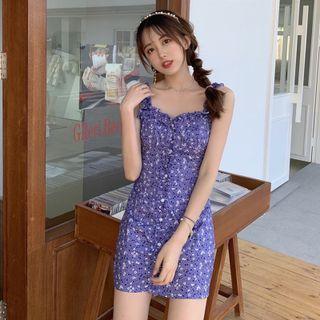 Spaghetti-strap Floral Print Mini Sheath Dress Flowers - Purple - One Size