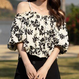 Off-shoulder Floral Blouse Black Floral - White - One Size