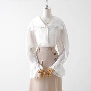Bell-sleeve Collared Lace Trim Blouse