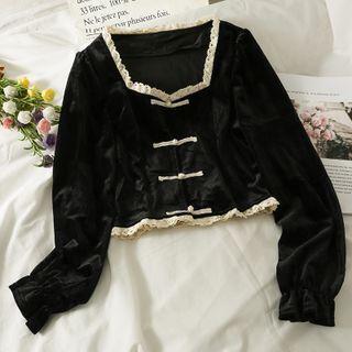 Lace-trim Frog-button Velvet Crop Shirt Black - One Size