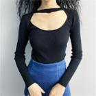Cutout-front Long-sleeve Knit Top Black - One Size