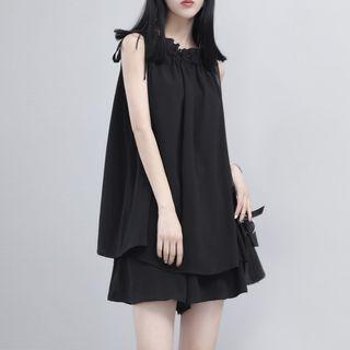 Set: Drawstring-neckline Sleeveless Chiffon Top + Shorts