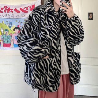 Lettering Zebra Print Fleece Jacket