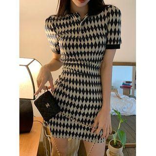 Argyle Mini Bodycon Polo Dress Argyle - Black & White - One Size