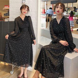 Star Print Long-sleeve Midi Chiffon Dress