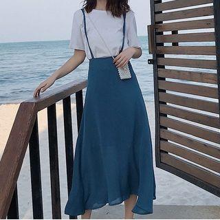 Set: Short-sleeve Top + Midi Suspender Skirt