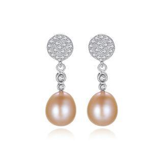 Sterling Silver Fashion Simple Geometric Round Pink Freshwater Pearl Earrings With Cubic Zirconia Silver - One Size
