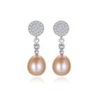 Sterling Silver Fashion Simple Geometric Round Pink Freshwater Pearl Earrings With Cubic Zirconia Silver - One Size