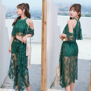 Set: Elbow-sleeve Cold Shoulder Mesh Bikini + Lace Cover-up