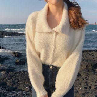 Furry Collared Button Cardigan