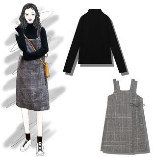 Long-sleeve T-shirt / Plaid Pinafore Dress