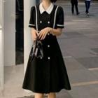 Elbow-sleeve Collared Contrast Trim A-line Dress