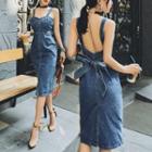 Wide Strap Open-back Denim Midi Sheath Dress