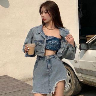 Long-sleeve Cropped Denim Jacket / Print Tube Top / Asymmetrical Distressed Mini Denim Pencil Skirt