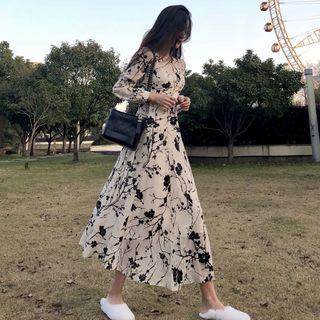 Set: Slipdress + Printed Long-sleeve Midi A-line Dress White - One Size