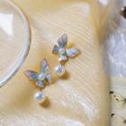 Butterfly Faux Pearl Dangle Earring 1 Pair - Silver Needle - Blue - One Size