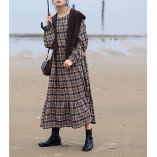 Set: Plaid Long-sleeve Maxi A-line Dress + Shawl