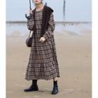 Set: Plaid Long-sleeve Maxi A-line Dress + Shawl