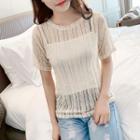 Set: Short-sleeve Lace Top + Camisole Top Almond - One Size